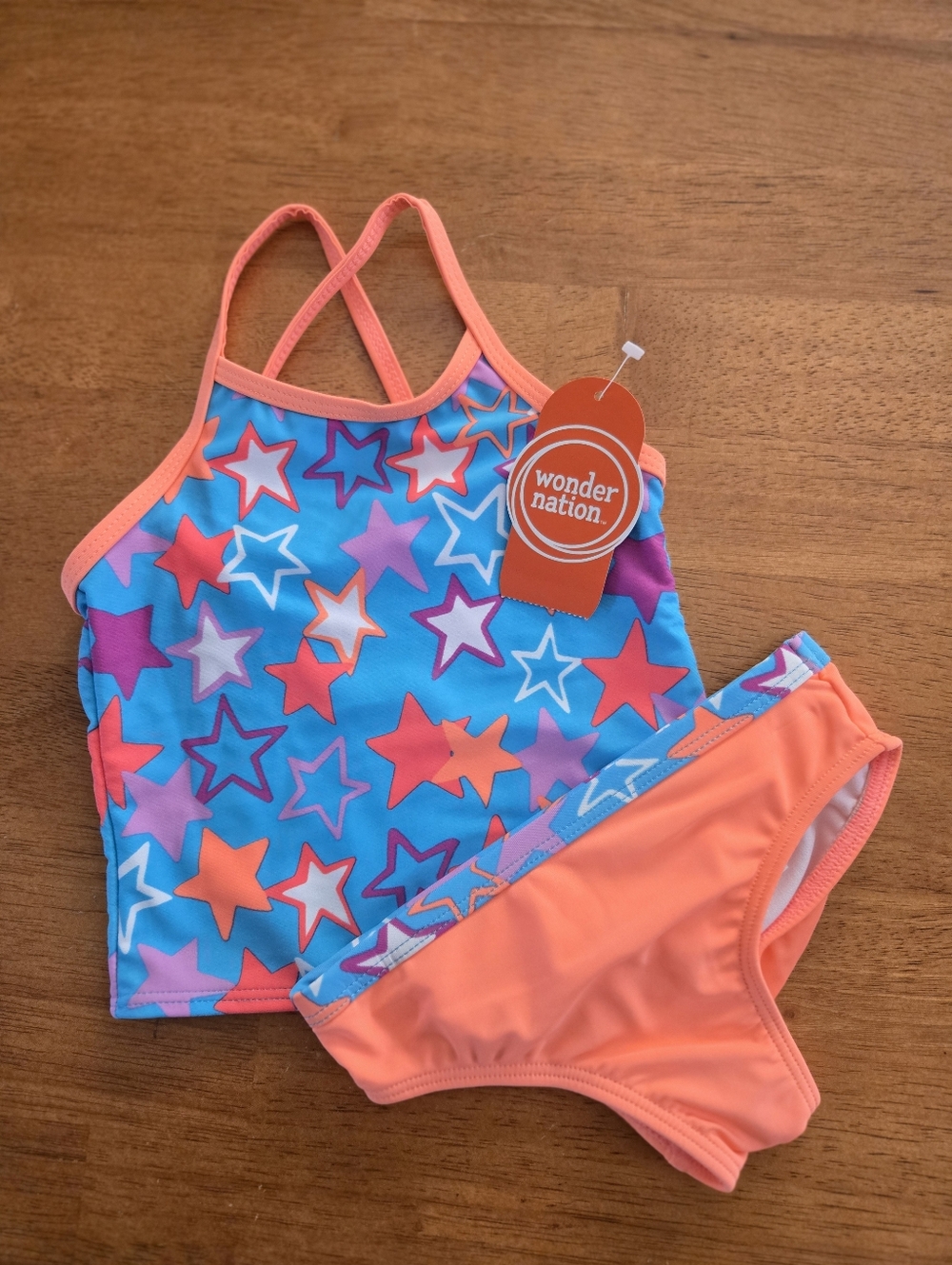 NWT Toddler Girls Coral & Blue Star 2 Pc Tankini Swimming Bathing Suit 2T